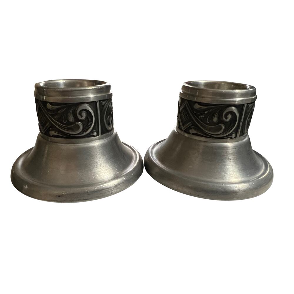 Set of Two Decorative Pewter Candle Holders